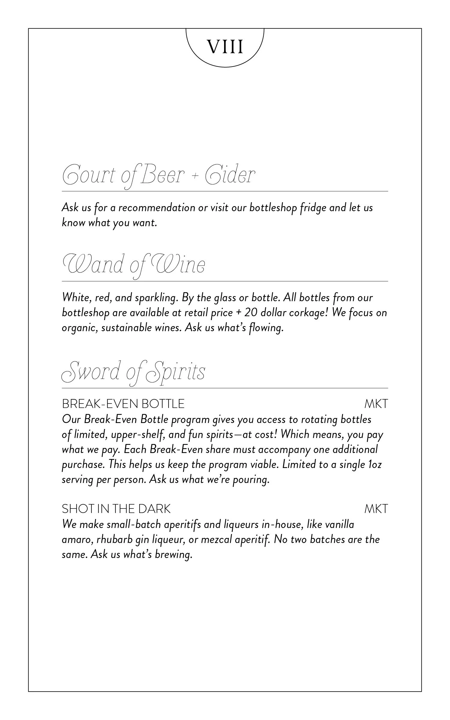Menu page for Grey Tiger Cocktail Bar. Craft beer, cider, natural wine, Break-Even Bottle, house aperitifs and liqueurs.