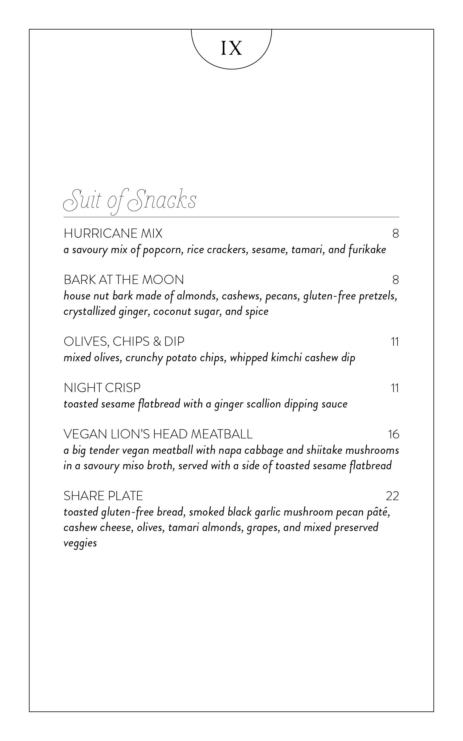 Menu page for Grey Tiger Cocktail Bar. Vegan, plant-based shareable bar snack food. Gluten-free options available.