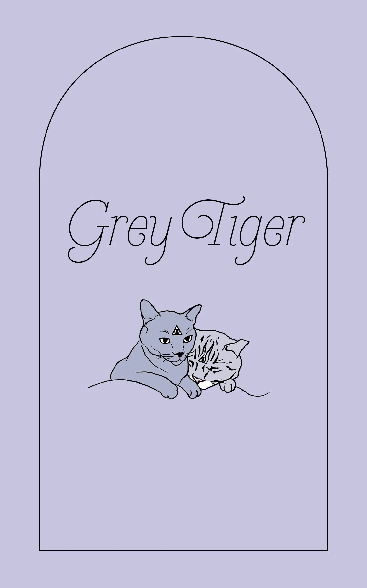 Menu cover for Grey Tiger Cocktail Bar featuring an illustration of a grey tabby snuggling into a solid grey cat. Both cats have visible third eyes.