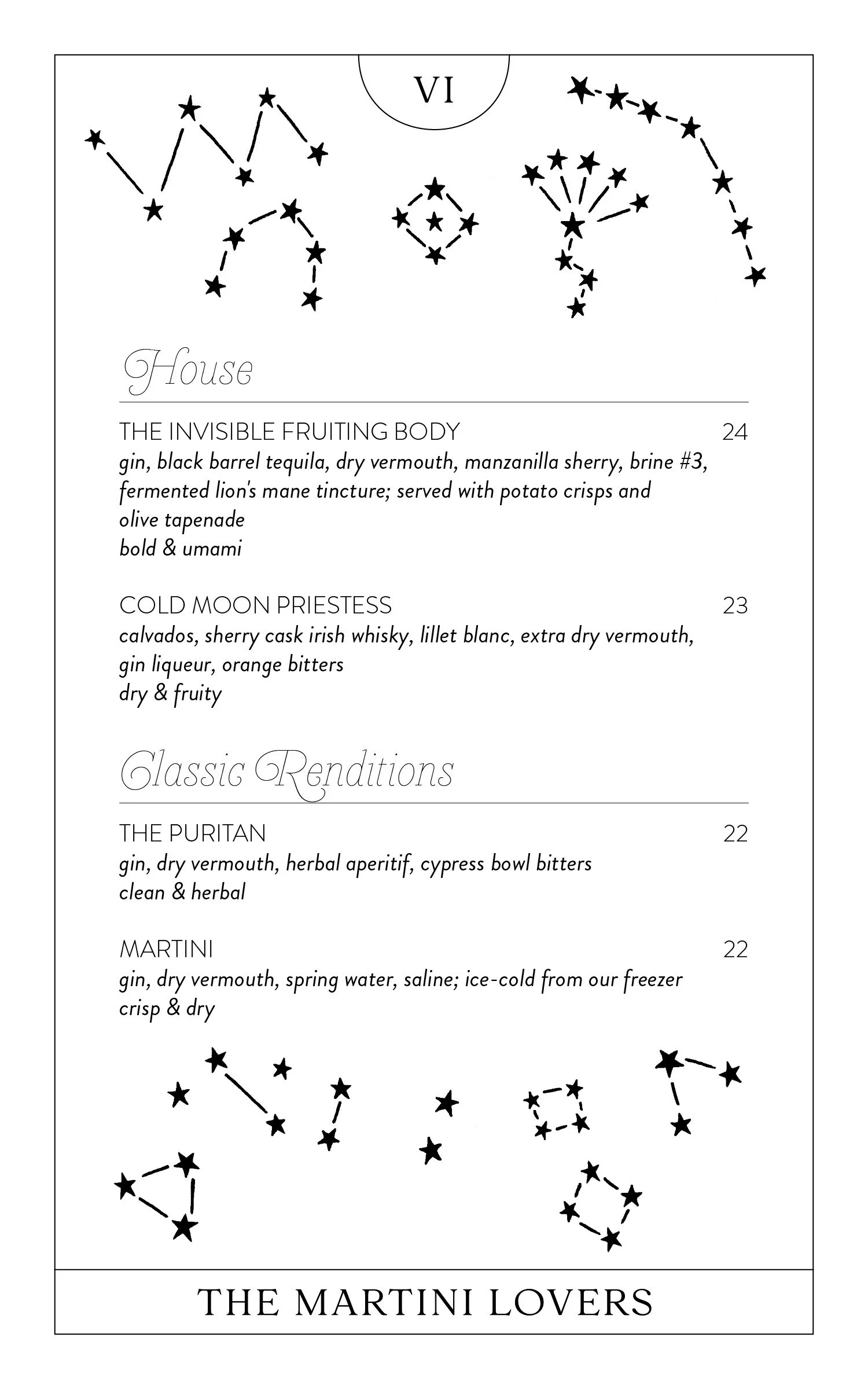 Menu page for Grey Tiger Cocktail Bar. Martini-style house cocktails and classic cocktails.