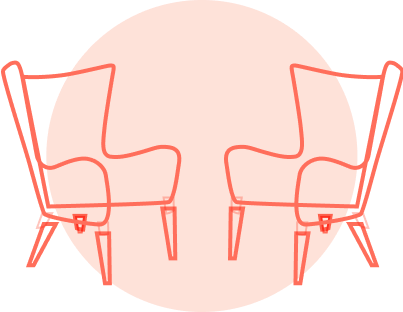 Two modern chairs with armrests and wooden legs facing each other, set against a pink circular background.