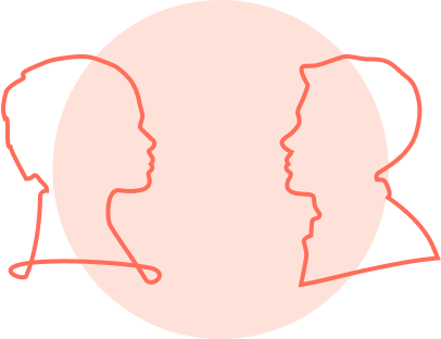 Line drawing of two faces in profile facing each other, connected by a continuous line, against a pink circular background.