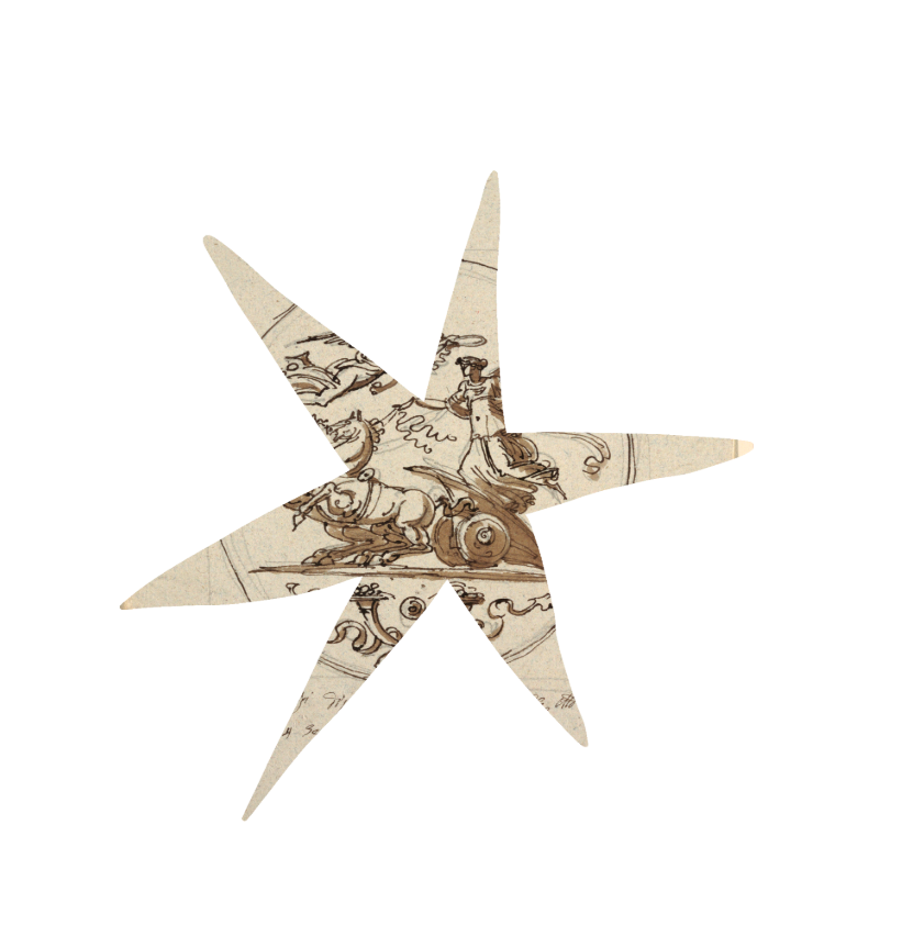 A star-shaped collage with an illustrated scene of a chariot drawn by horses, with written text overlay