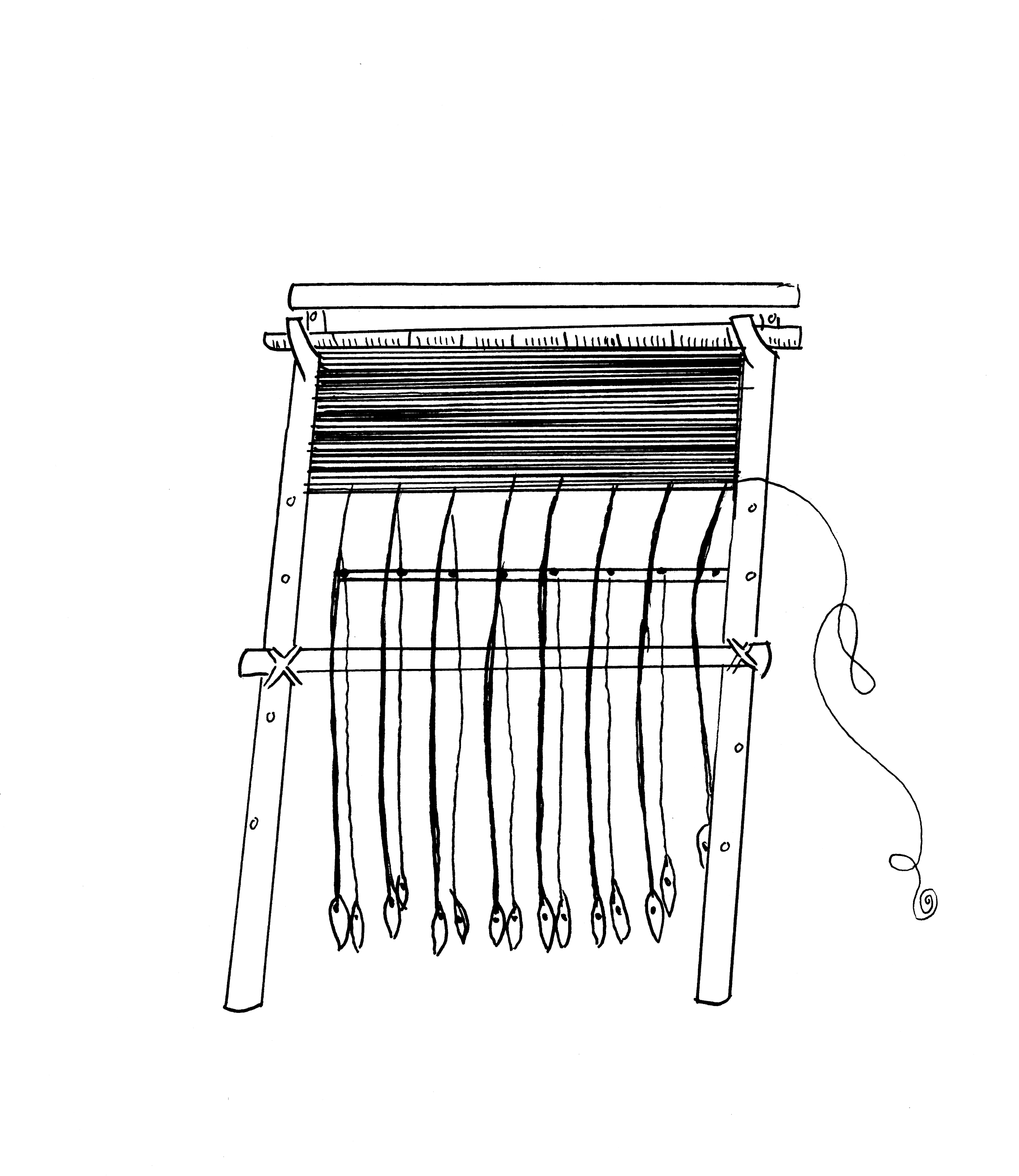 Line drawing of a weaving on loom. Drawing by Rianne Vestuto.