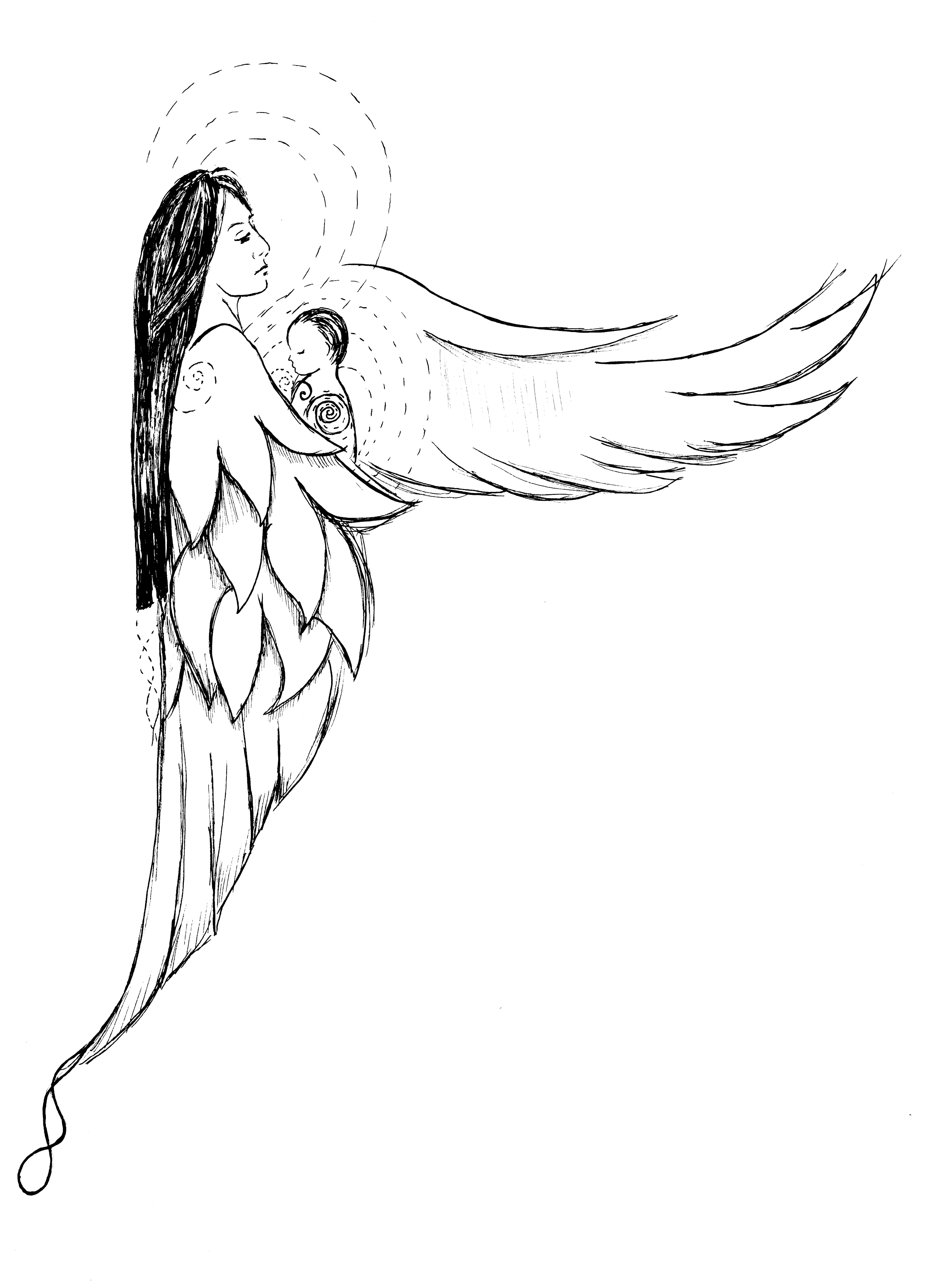 Line art illustration of a woman with long hair, holding a smaller figure with wings, set against a starry background. Drawing by Rianne Vestuto.