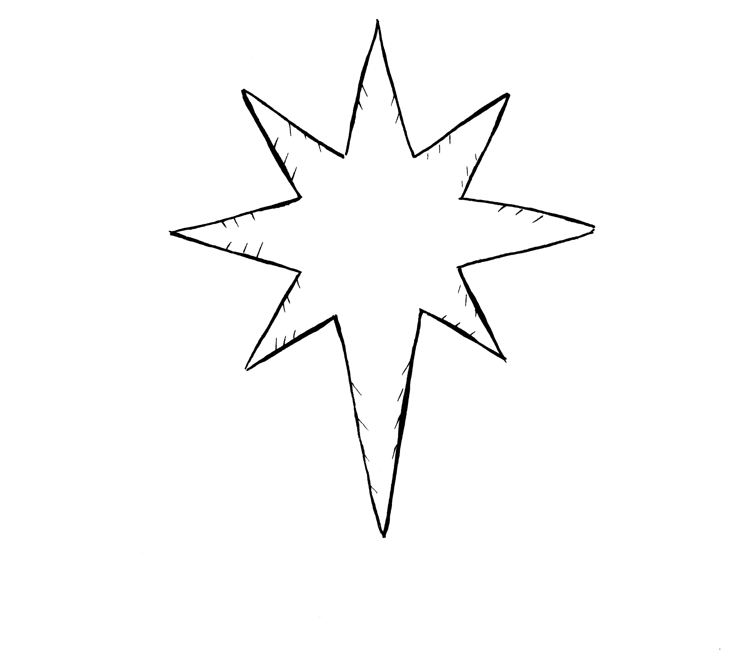 Outline of a large star-shaped light decoration on a black background with small white dots resembling stars. Drawing by Rianne Vestuto.