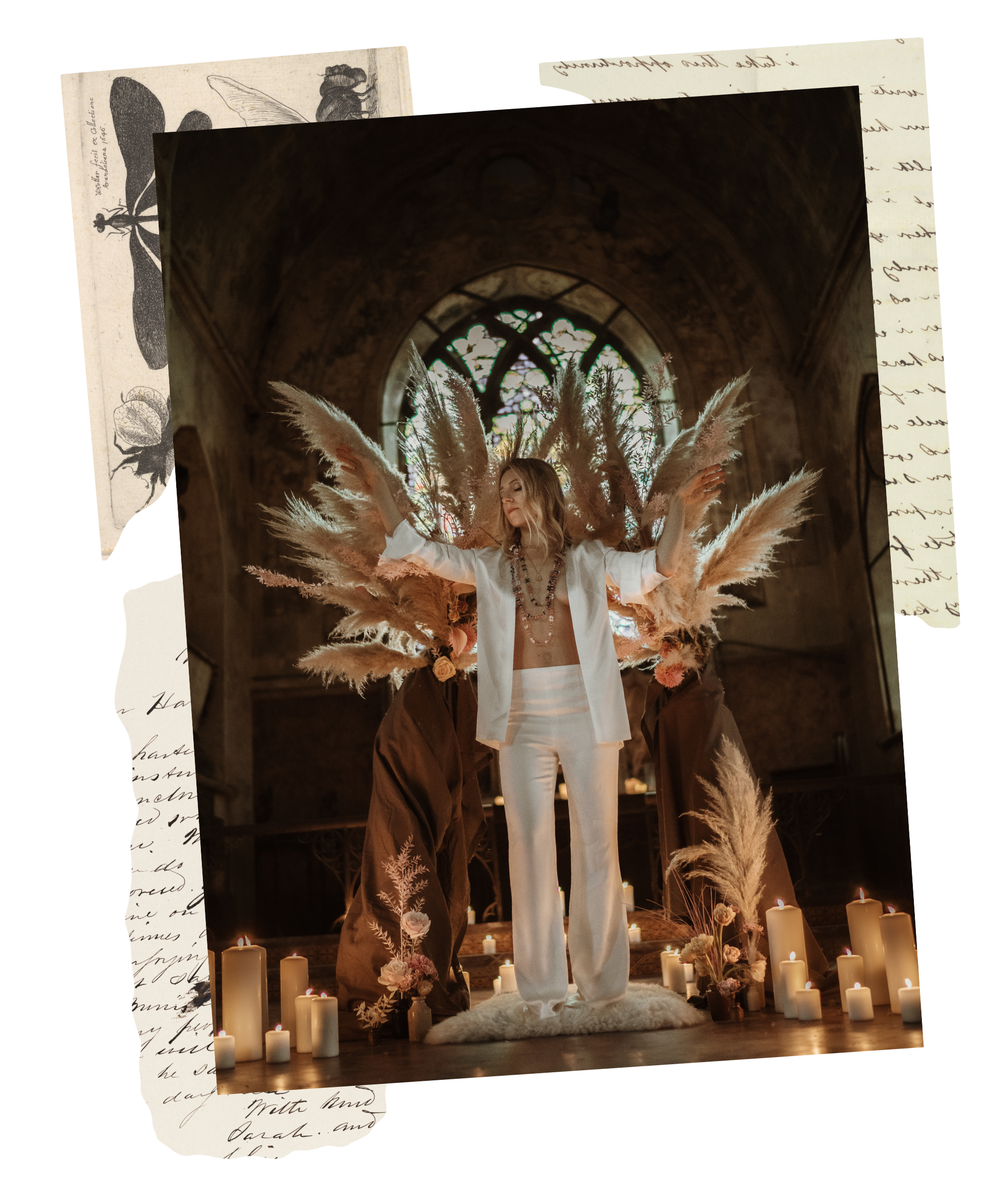 A woman standing in a church-like setting with tall candles and pampas grass decorations, with a large stained glass window behind her and natural light streaming through.