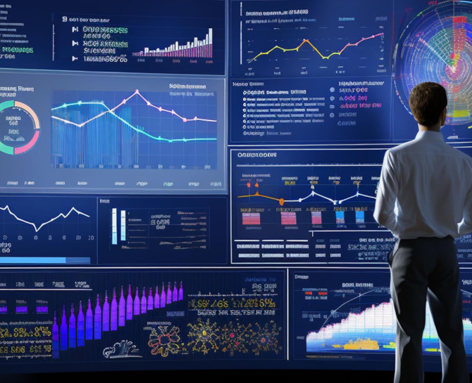 A man in a suit standing in front of multiple large digital screens displaying various data charts and graphs including line graphs, bar graphs, and pie charts, all with a blue background.
