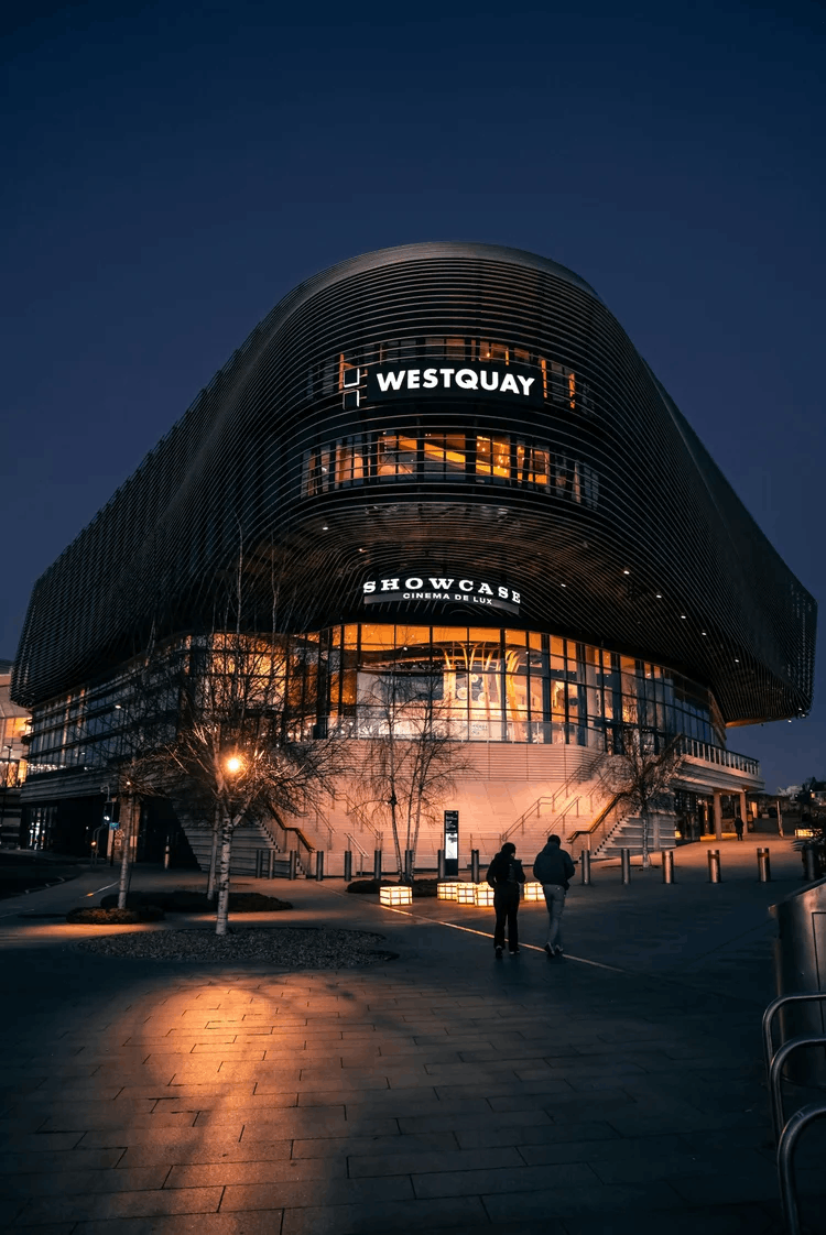 Photo of the outside of modern shopping centre