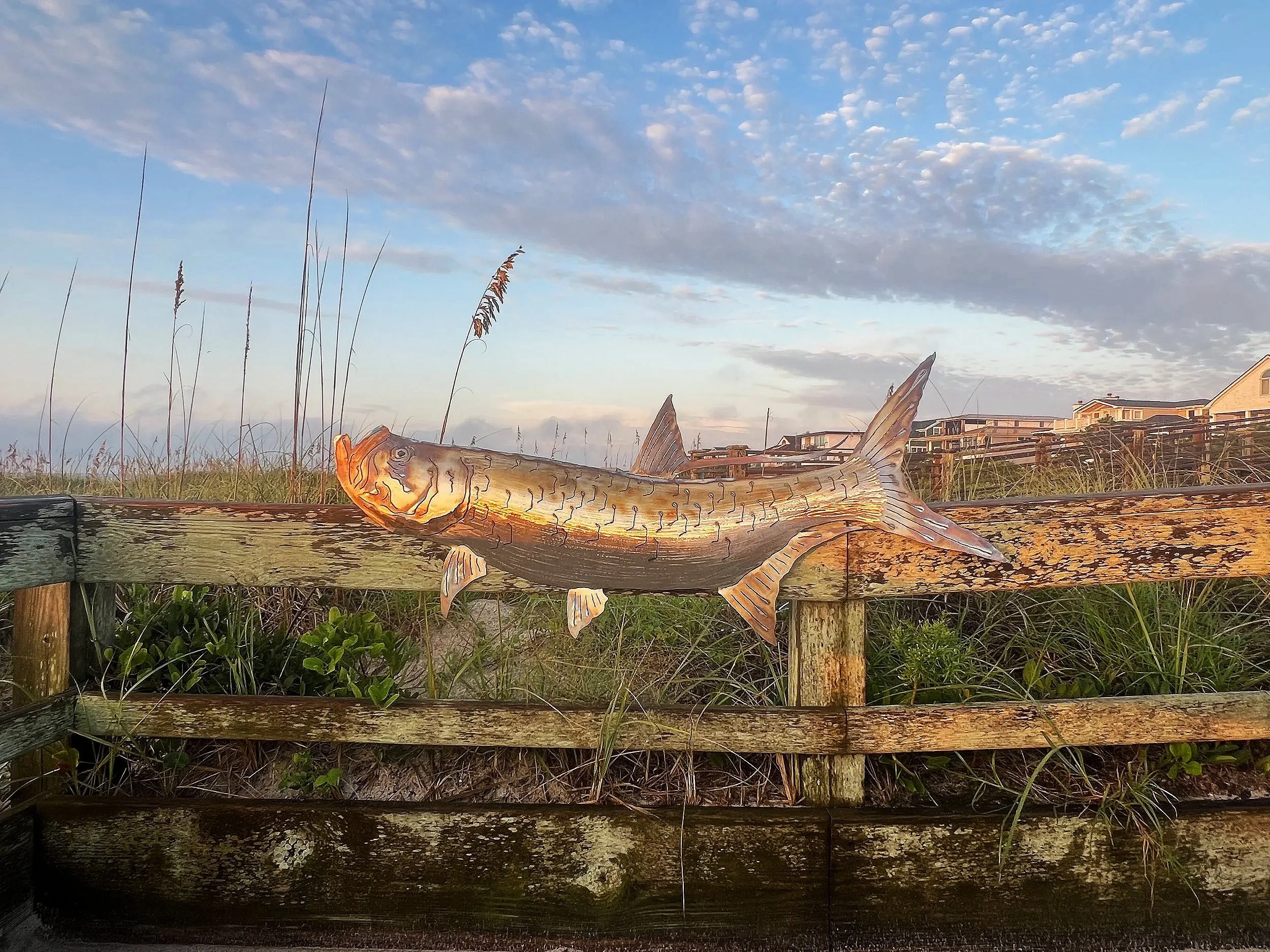 A painted wooden fish sculpture mounted on a weathered wooden fence on a grassy area with a cloudy sky and houses in the background.