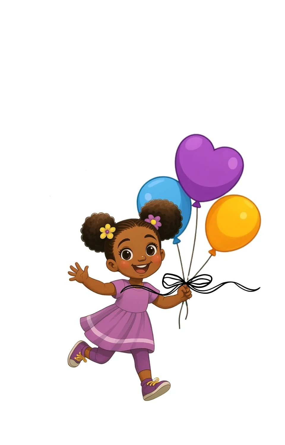 A cheerful young girl with dark skin, curly pigtails decorated with flower clips, wearing a purple dress and sneakers, running with colorful balloons, including a purple heart-shaped one, a blue round one, and an orange round one.