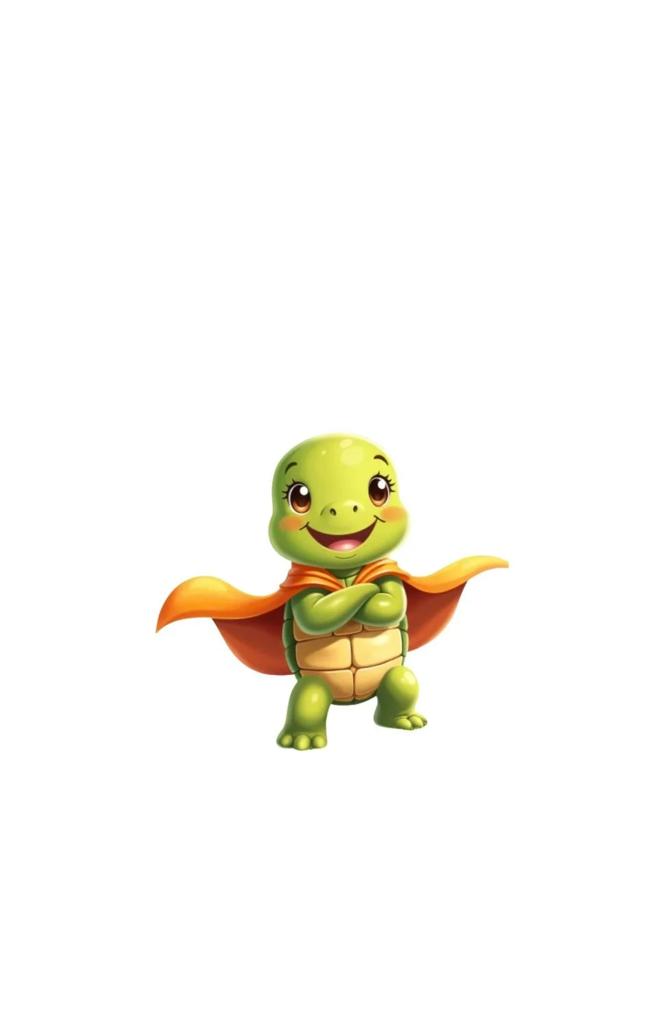Cartoon turtle dressed as a superhero with an orange cape, smiling with crossed arms.