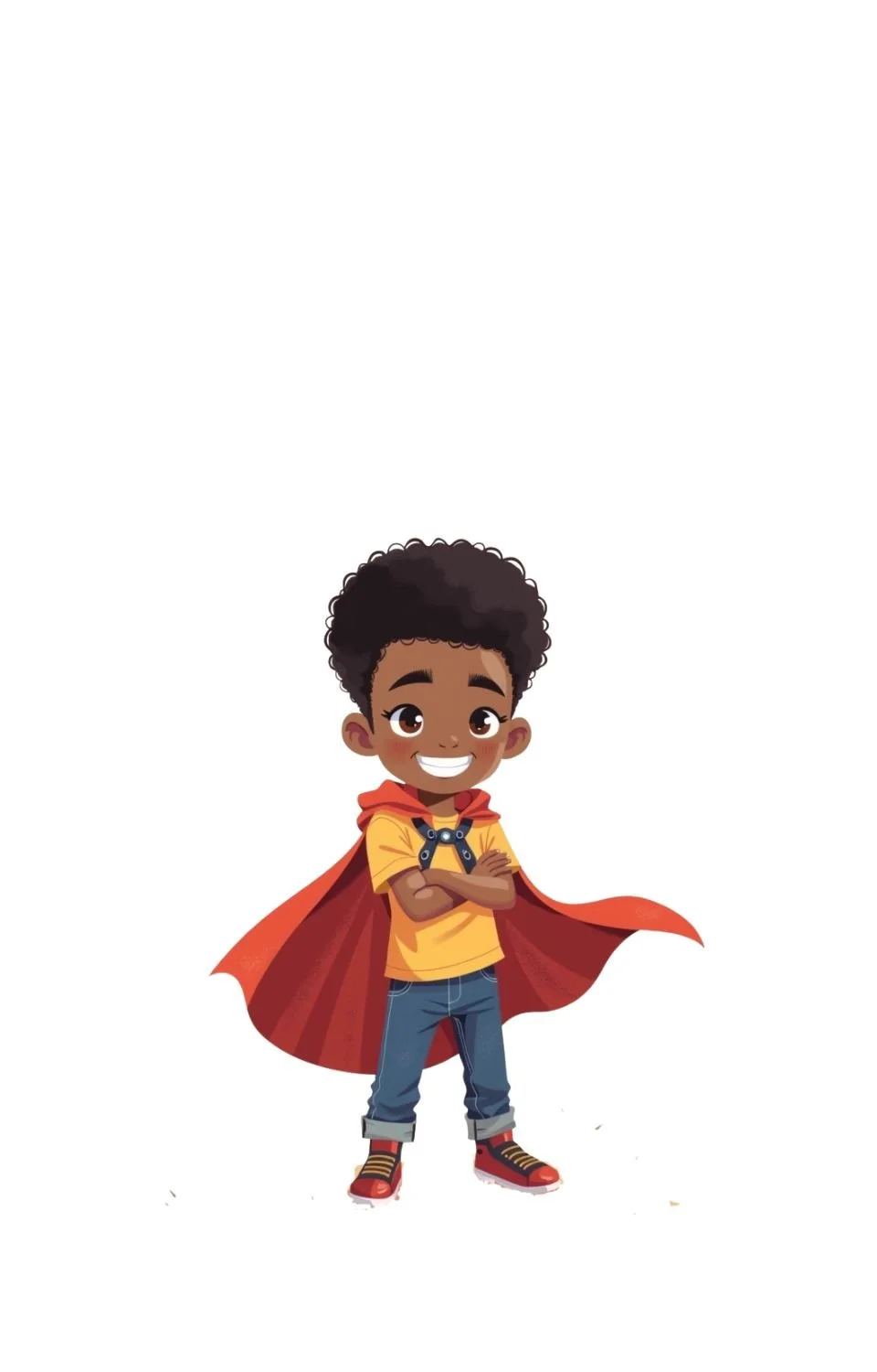Illustration of a young boy with curly black hair, smiling, wearing a yellow shirt, blue jeans, red sneakers, and a red cape, standing with arms crossed.