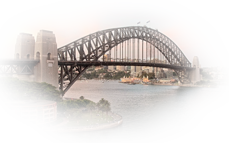 Sydney Harbour Bridge in Australia during sunset with boats on the water and city skyline in the background.