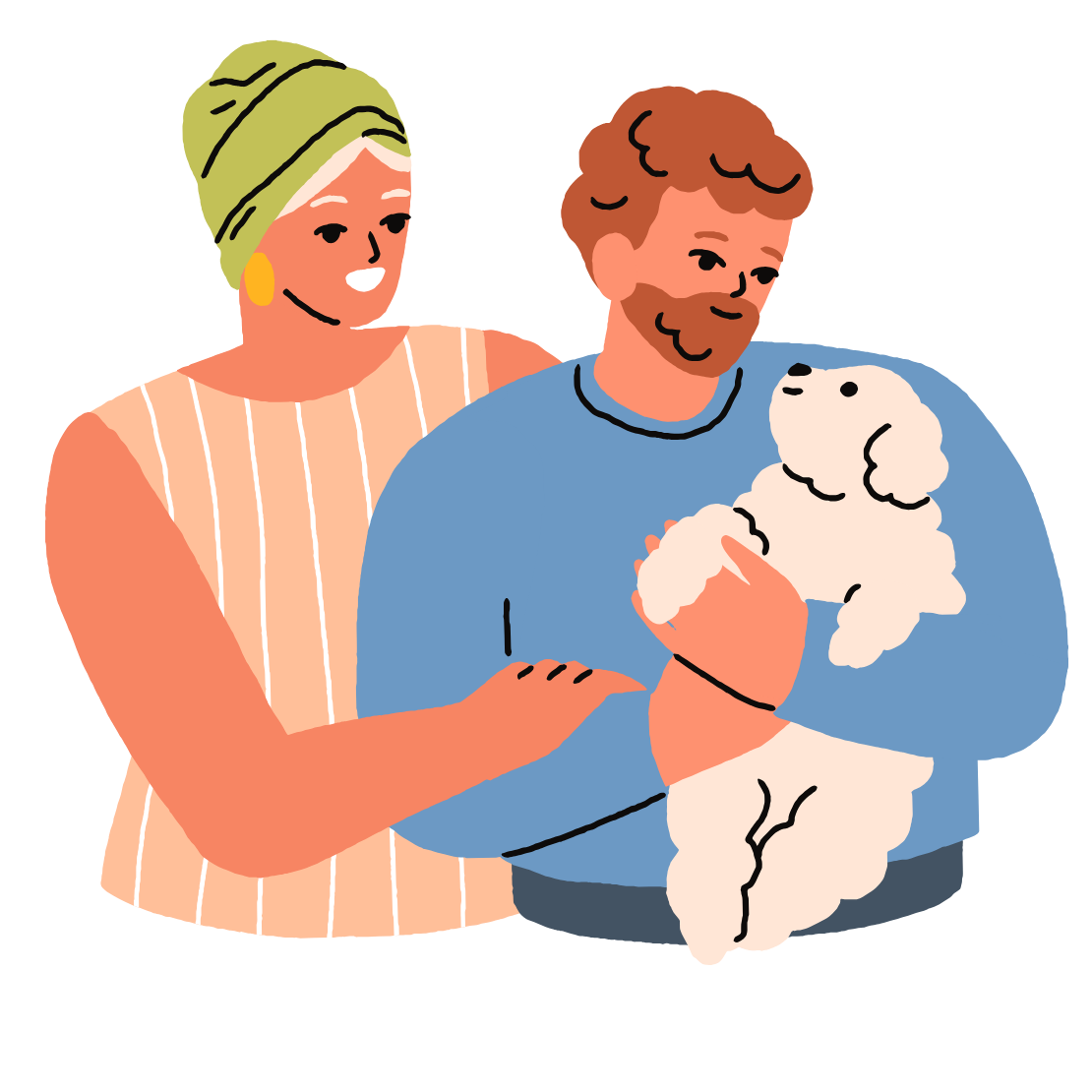 A man holding a fluffy white puppy, woman smiling and touching the man's arm, woman wearing a green headscarf and sleeveless top, man wearing a blue shirt.