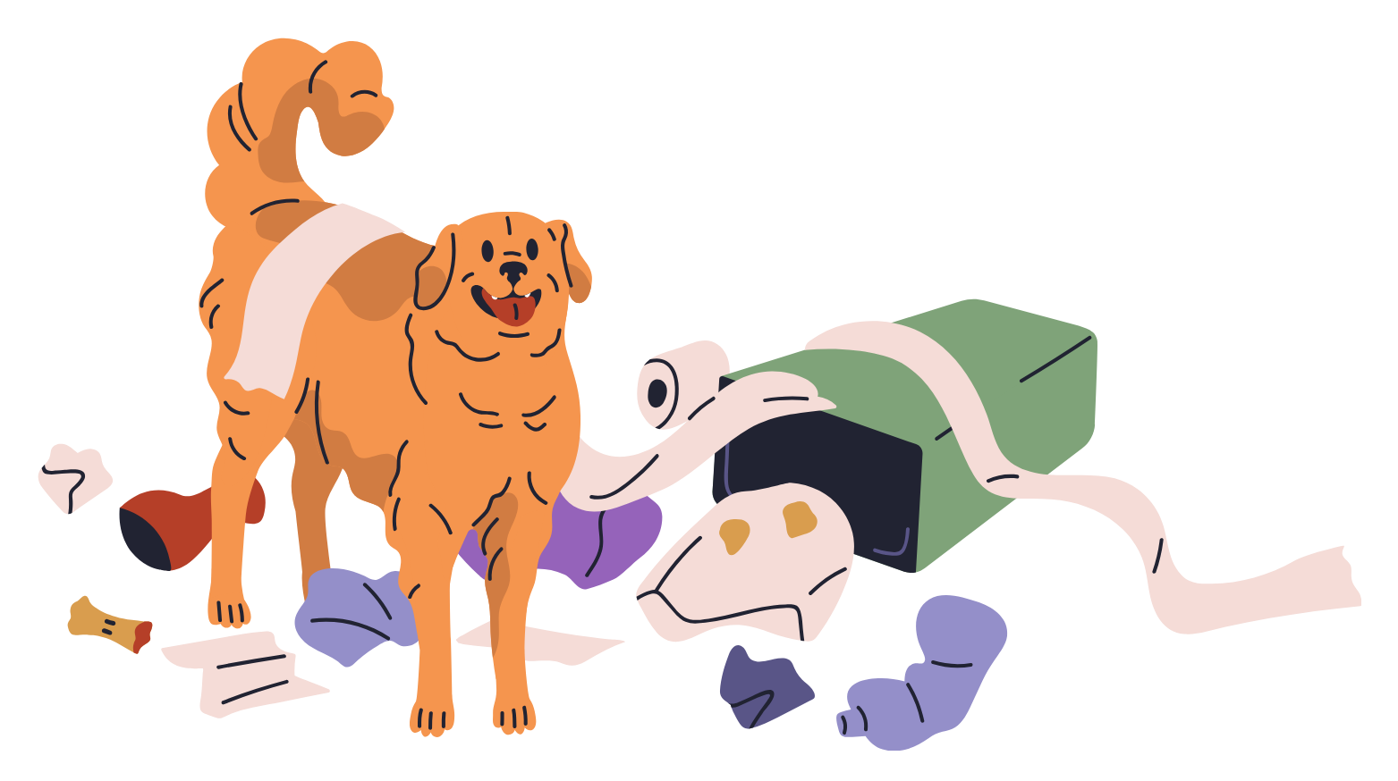 A happy golden retriever dog among scattered toilet paper rolls, tissues, and dog bones.