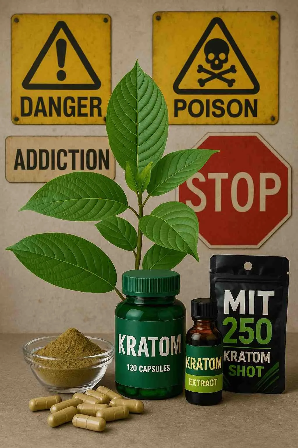 Kratom capsules, extract, and powder shown with warning signs for danger, poison, and addiction, highlighting the serious risks of kratom use.