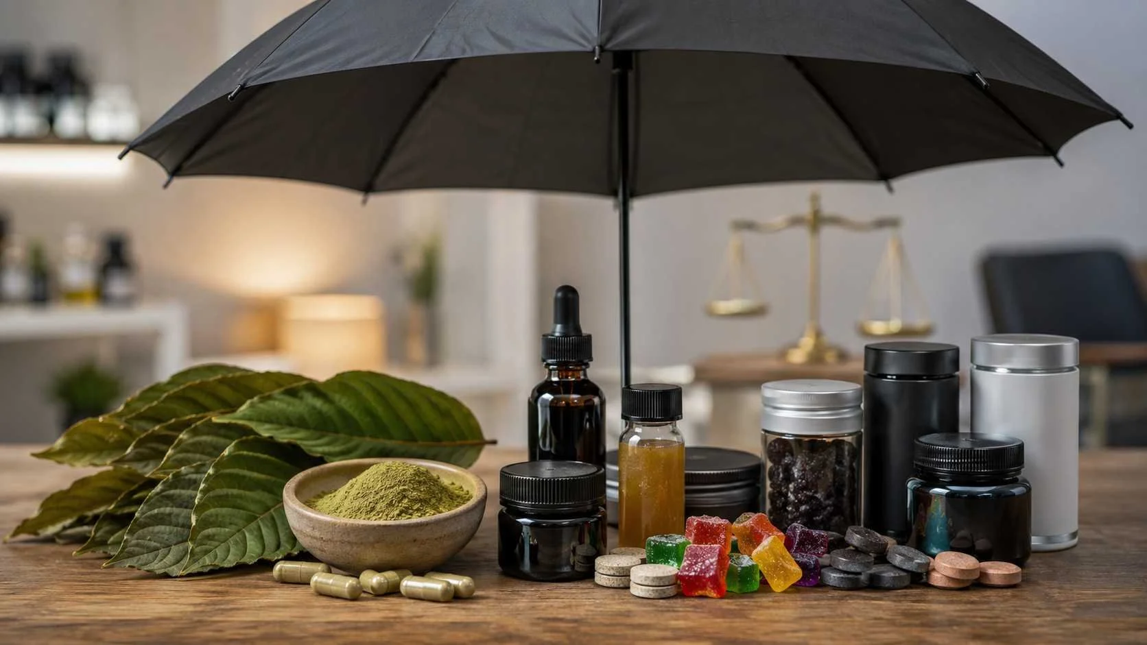 Kratom leaves, powder, capsules, gummies, bottles, and tablets grouped under one umbrella with legal scales in the background, representing product confusion and changing legal status.