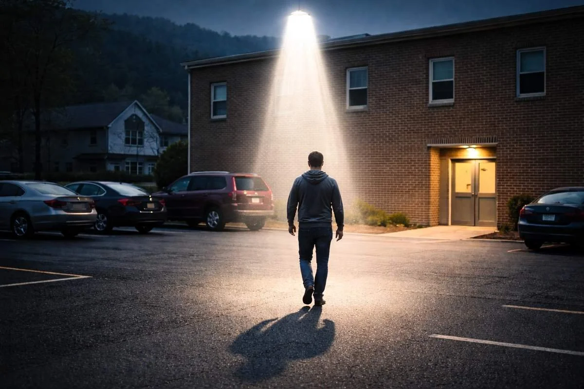 Person walking through a rural small-town parking lot toward the back entrance of an office building under a bright spotlight, symbolizing visibility and stigma when attending recovery meetings in small communities.