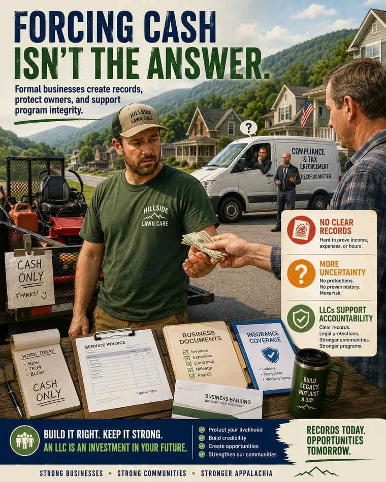 Infographic showing an Appalachian lawn care business owner taking a cash payment while formal business records and LLC benefits are emphasized, illustrating why formalizing an LLC is better than forcing small businesses into cash-only arrangements.