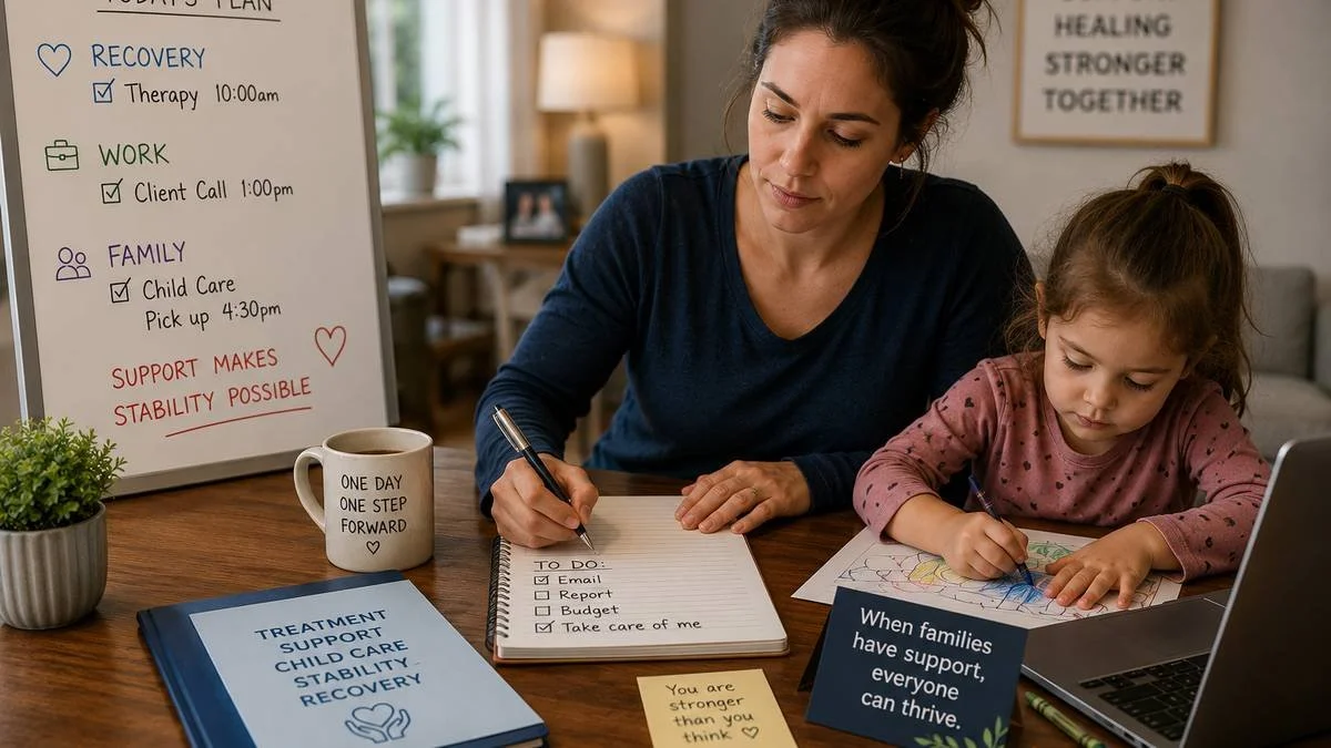 Parent writing beside a child in a home workspace with a daily plan for recovery, work, and child care, representing family stability and support during recovery.