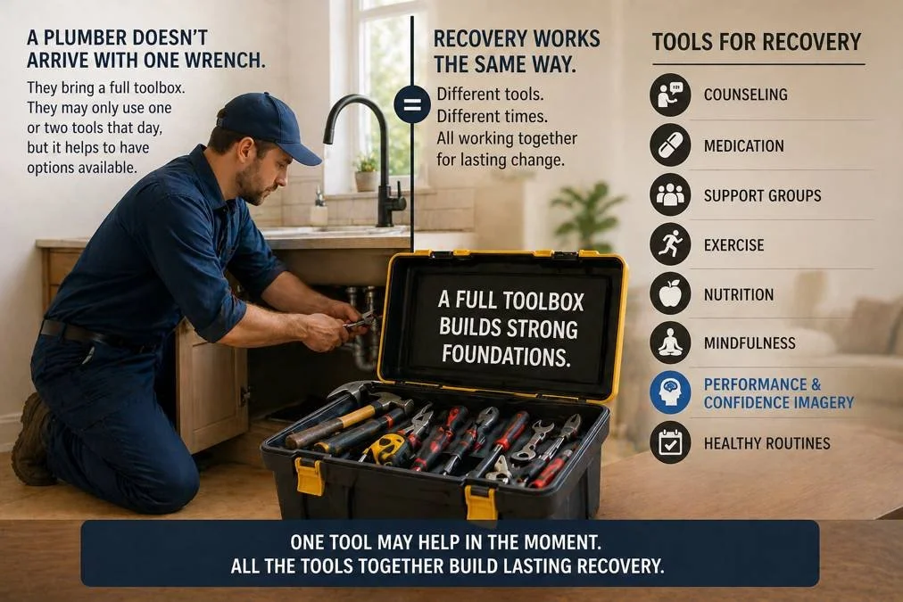 Recovery toolbox concept image showing a plumber with tools symbolizing counseling, medication, exercise, mindfulness, guided imagery, and healthy routines for addiction recovery.