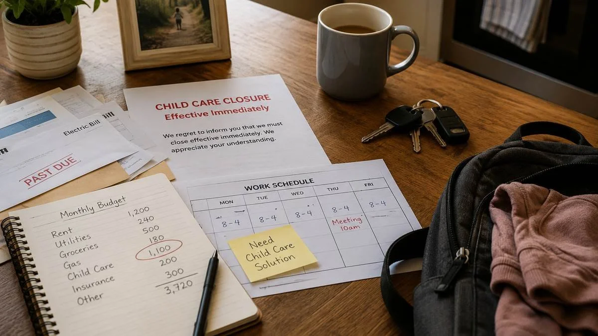Kitchen table with child care closure paperwork, bills, a work schedule, keys, and a child’s backpack, representing how child care disruption can create family financial stress and instability.