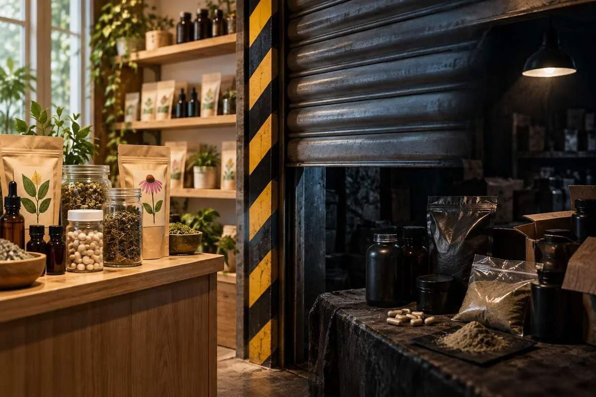 Retail herbal products contrasted with a darker unregulated drug market to illustrate how regulation changed the K2, Spice, and emerging 7-OH marketplace.