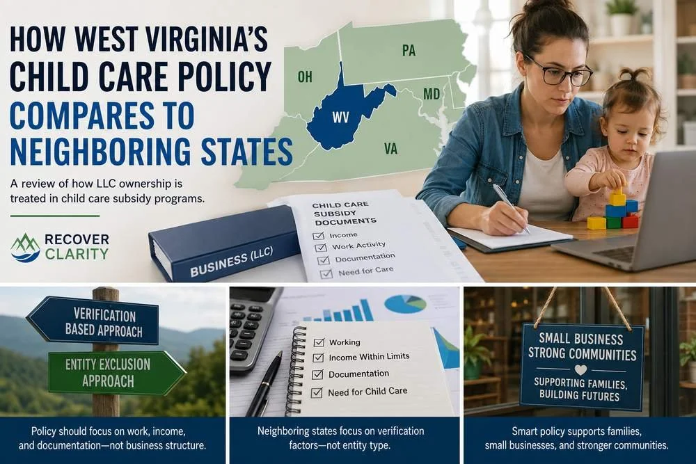 West Virginia child care policy comparison showing LLC ownership, subsidy documentation, and neighboring states’ verification-based approaches for working parents.