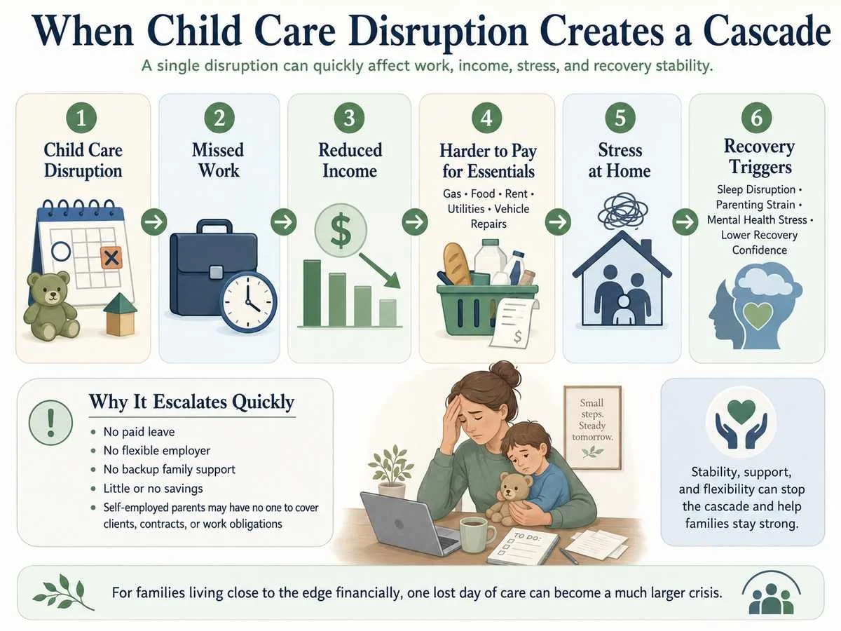 Infographic showing how child care disruption can lead to missed work, reduced income, financial stress, stress at home, and recovery-related triggers for families living close to the financial edge.