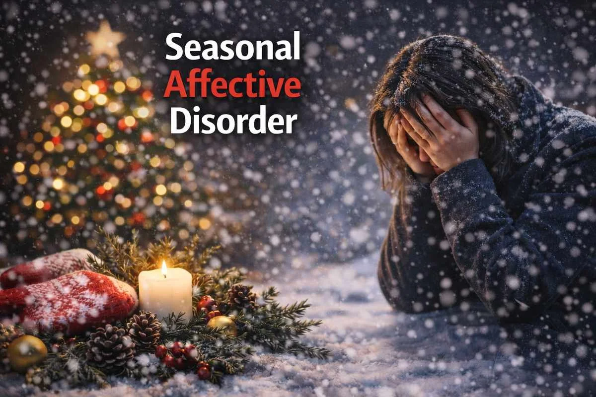 Winter holiday image illustrating Seasonal Affective Disorder, showing a woman experiencing emotional distress during snowfall near a Christmas tree.