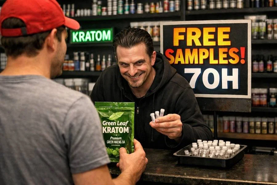 Customer buying green leaf kratom in a vape shop while a suspicious clerk offers free 7-OH samples, illustrating risks of kratom extract exposure and misleading marketing