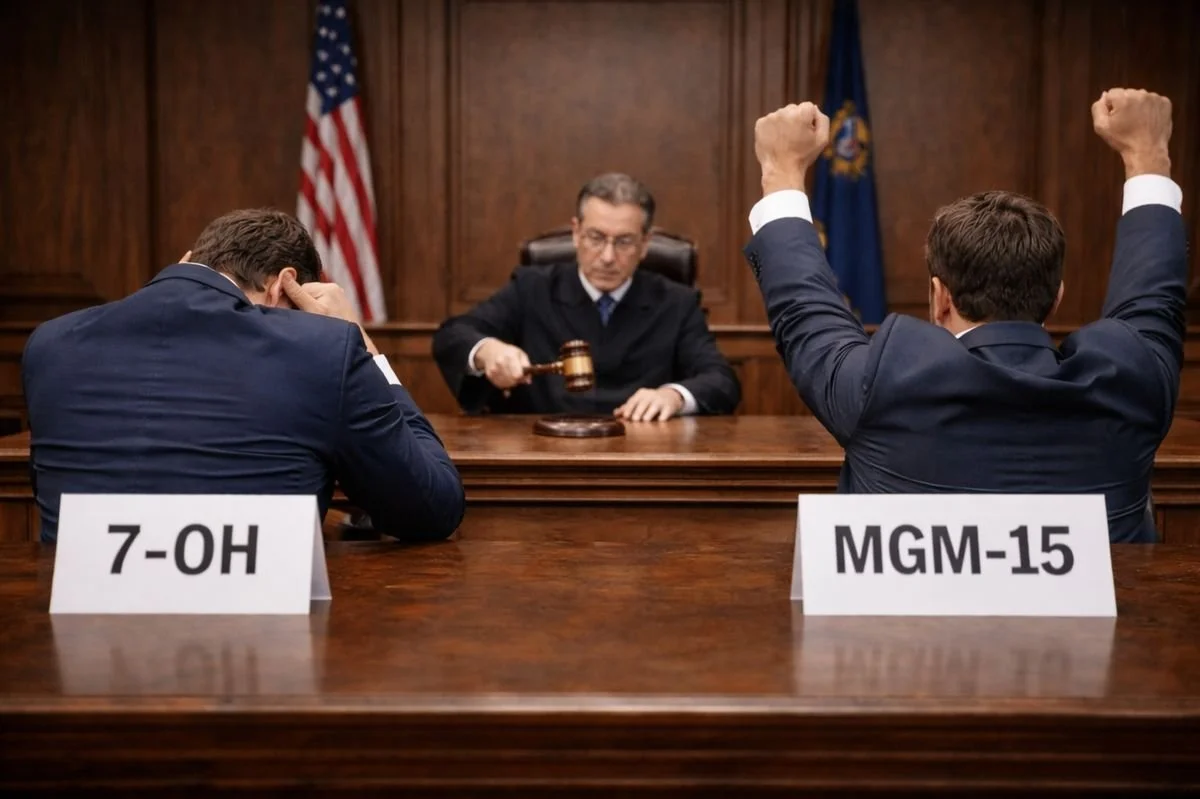 Courtroom scene with labels “7-OH” and “MGM-15” as a judge delivers a ruling, symbolizing legal and regulatory debate surrounding novel opioid substances.