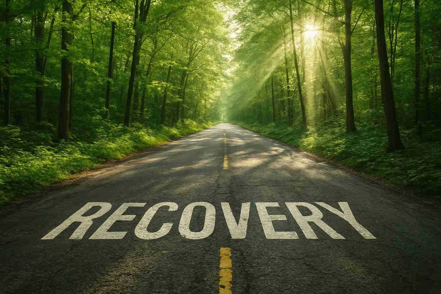 Forest road with the word RECOVERY written on it, symbolizing the journey of transitioning from methadone to Suboxone for lasting addiction recovery.