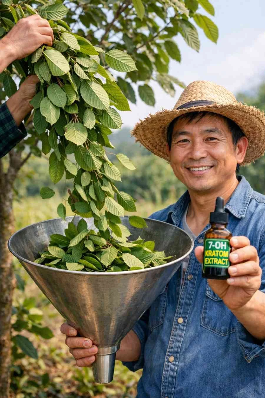 Farmer harvesting fresh kratom leaves while holding a bottle of 7-OH kratom extract, illustrating transition from natural kratom to concentrated extracts