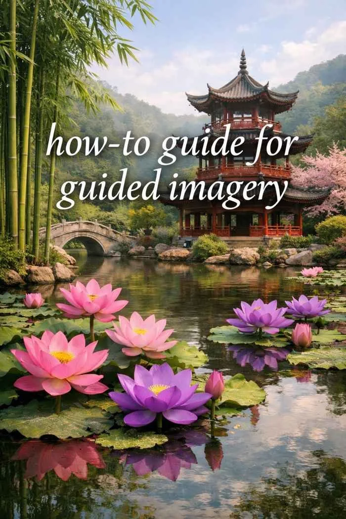 Serene Asian garden with lotus flowers, bamboo, and a traditional pagoda, representing a how-to guide for guided imagery practice.
