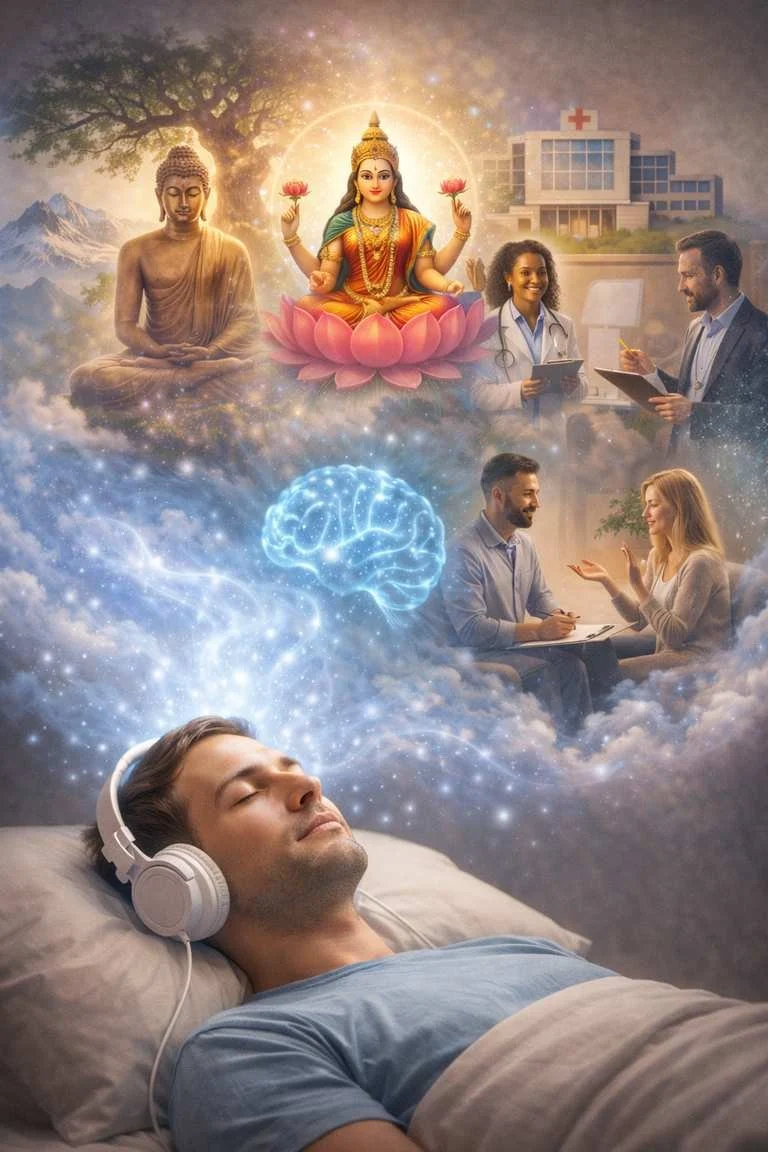 Guided imagery visualization showing Buddhist and Hindu meditation traditions alongside modern Western therapy and medical practices, illustrating how mindfulness techniques are used in contemporary mental health and addiction treatment.