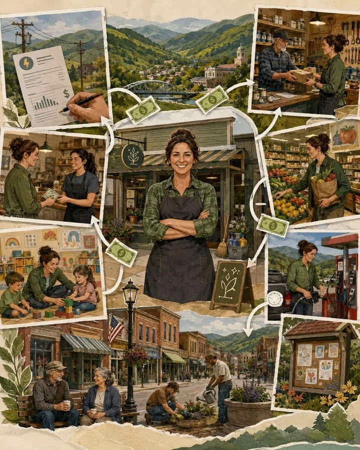 Illustrated collage showing an Appalachian small business owner supporting community infrastructure by spending at local businesses, paying bills, buying supplies, and helping local families and downtown growth.