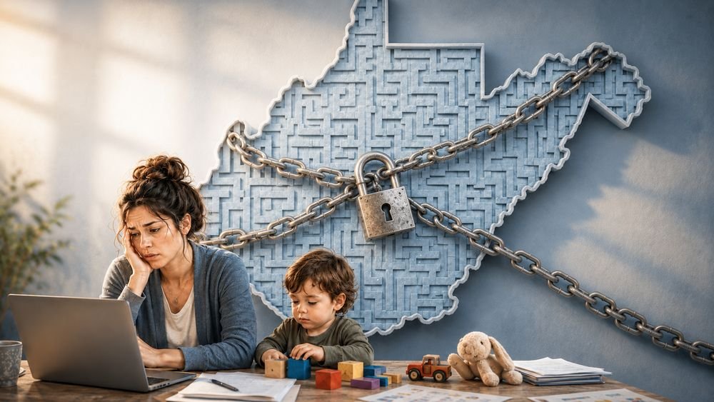 West Virginia child care policy image showing a parent and child in front of a locked West Virginia puzzle map, representing barriers faced by working parents and LLC small business owners.