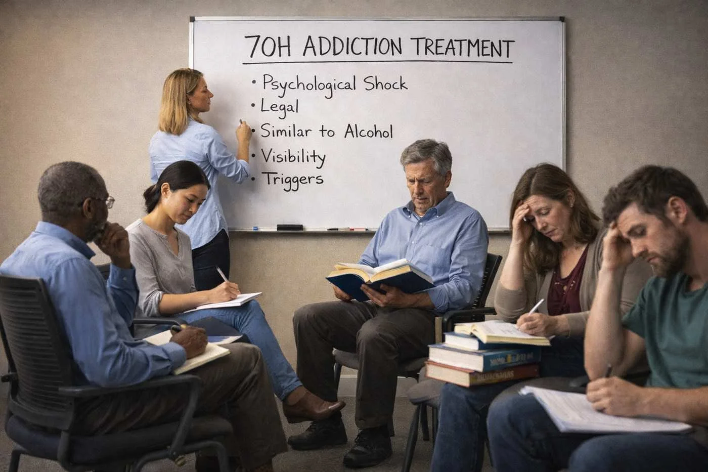 Therapist leading a group therapy session discussing 7-OH addiction treatment, with whiteboard listing psychological shock, legal concerns, visibility, and triggers in recovery support setting.