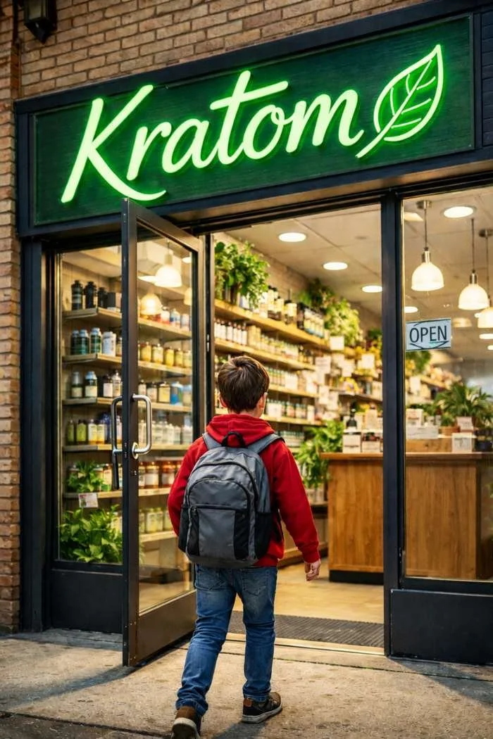 Fictional image showing a child approaching a kratom storefront, illustrating concerns about the lack of state legislation and age limits for kratom purchases.