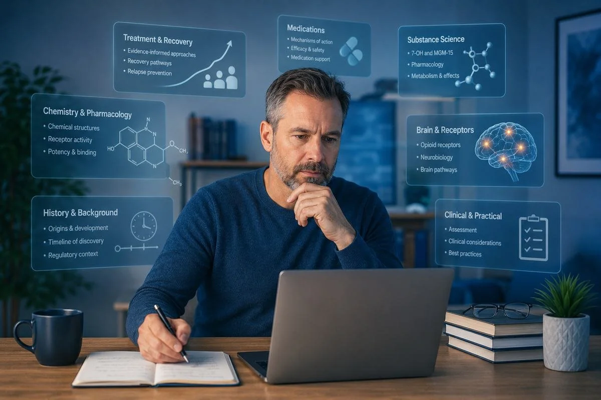 Middle-aged man learning about 7-OH and MGM-15 in an online course, with visuals representing treatment, medications, substance science, history, and clinical topics.