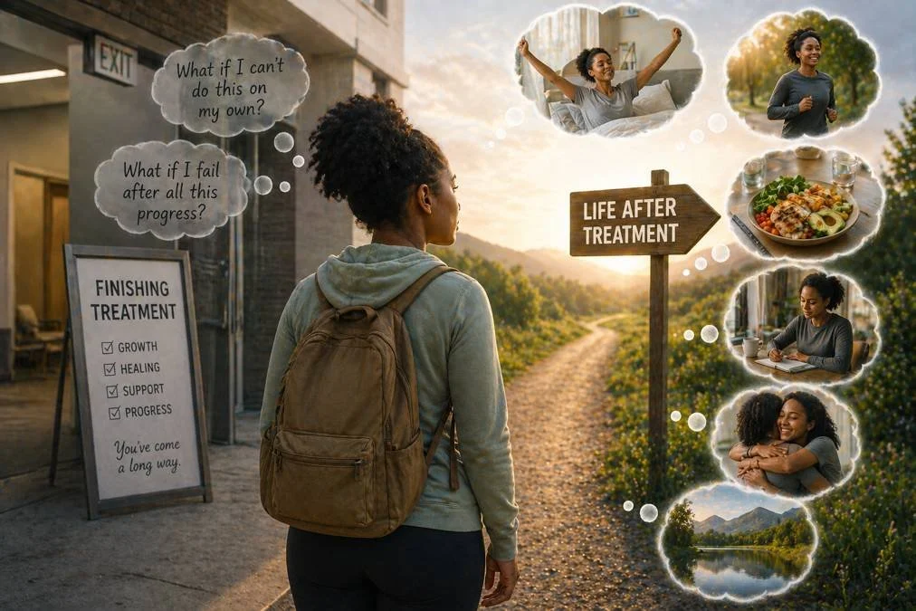 Inspirational recovery image of a woman leaving treatment and visualizing healthy routines, confidence, healing, and a positive future after addiction recovery.