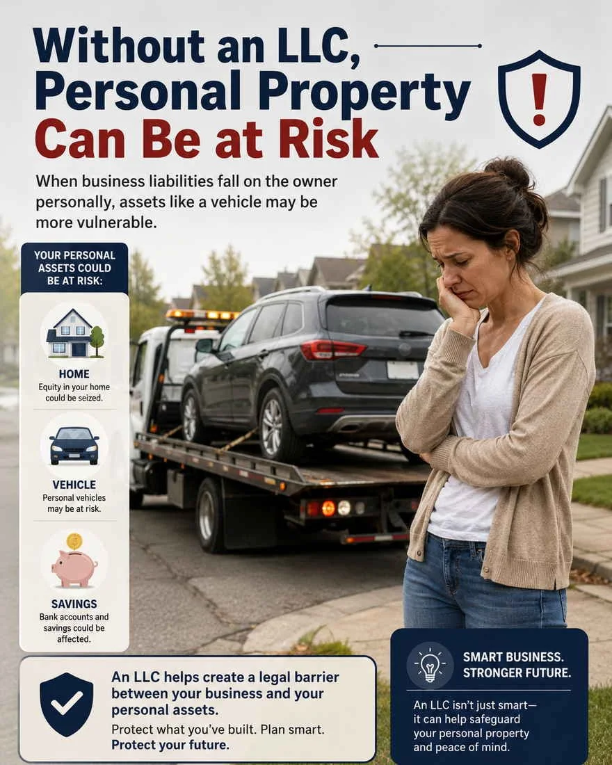 Infographic showing a sad small business owner watching her personal vehicle being towed away, illustrating how personal property may be at risk without an LLC in West Virginia.