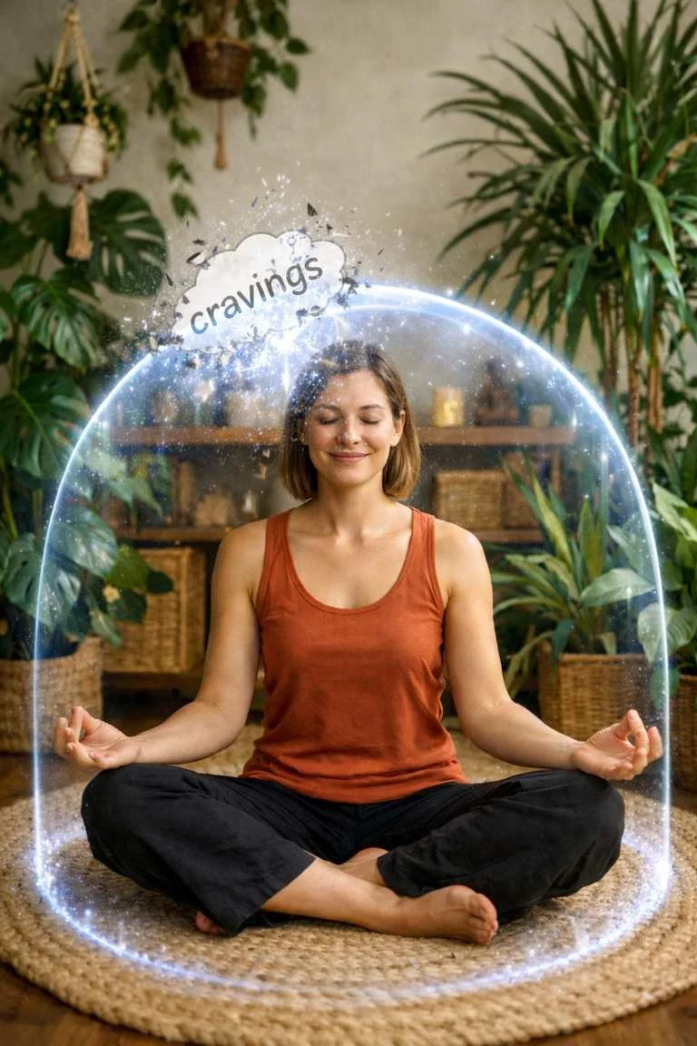 Woman practicing mindfulness meditation surrounded by plants, protected by a glowing barrier as thoughts of cravings are blocked, symbolizing mental clarity, emotional control, and recovery through meditation and guided imagery.