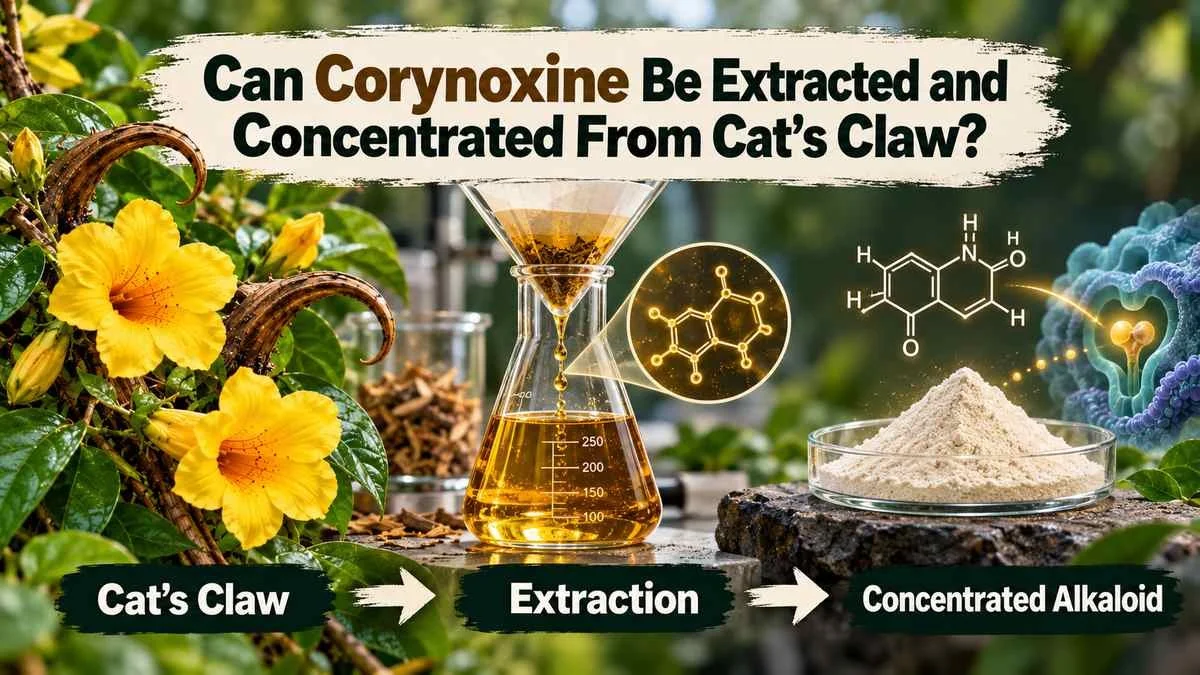 Cat’s Claw plant shown with laboratory extraction steps illustrating how corynoxine alkaloids can be isolated and concentrated.