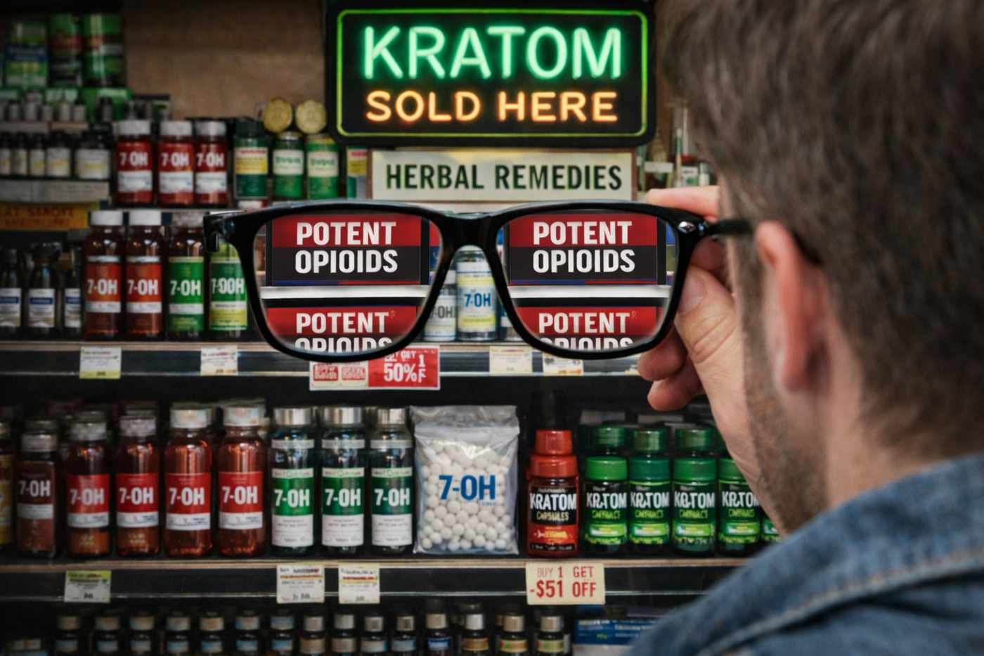Person holding glasses in front of a vape store shelf labeled kratom and 7-OH, with the lenses revealing the words potent opioids to illustrate awareness of 7-hydroxymitragynine risks.