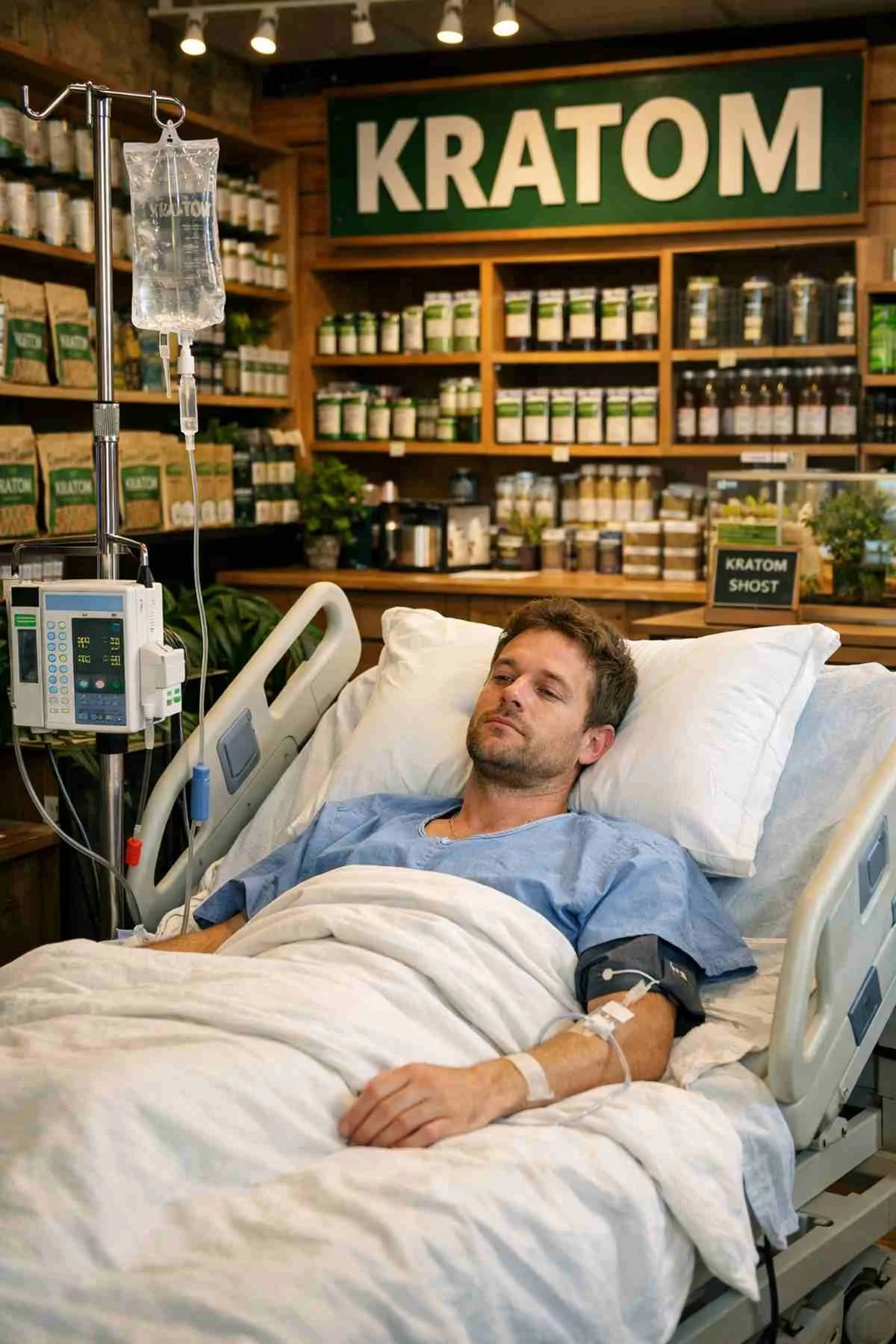 Person lying in a hospital bed with IV inside a kratom shop, illustrating the need for medical detox and professional treatment for kratom addiction.