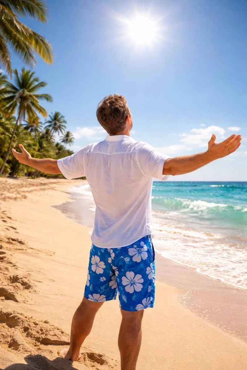 Man standing on a quiet beach with arms open toward the sun, representing relaxation and guided imagery for stress relief and mental clarity.