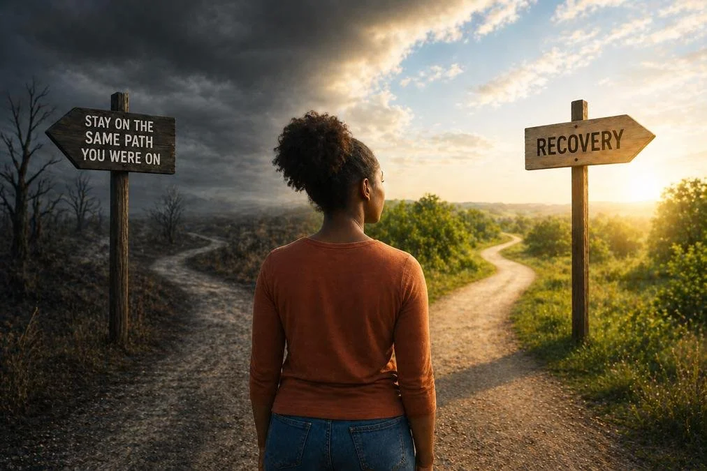 Photorealistic image of a woman at a crossroads choosing a brighter recovery path over a dark path, symbolizing hope and addiction recovery.